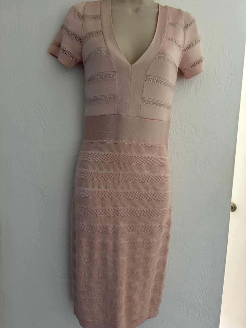 V-Neck Short Sleeve Knit Dress in cream color